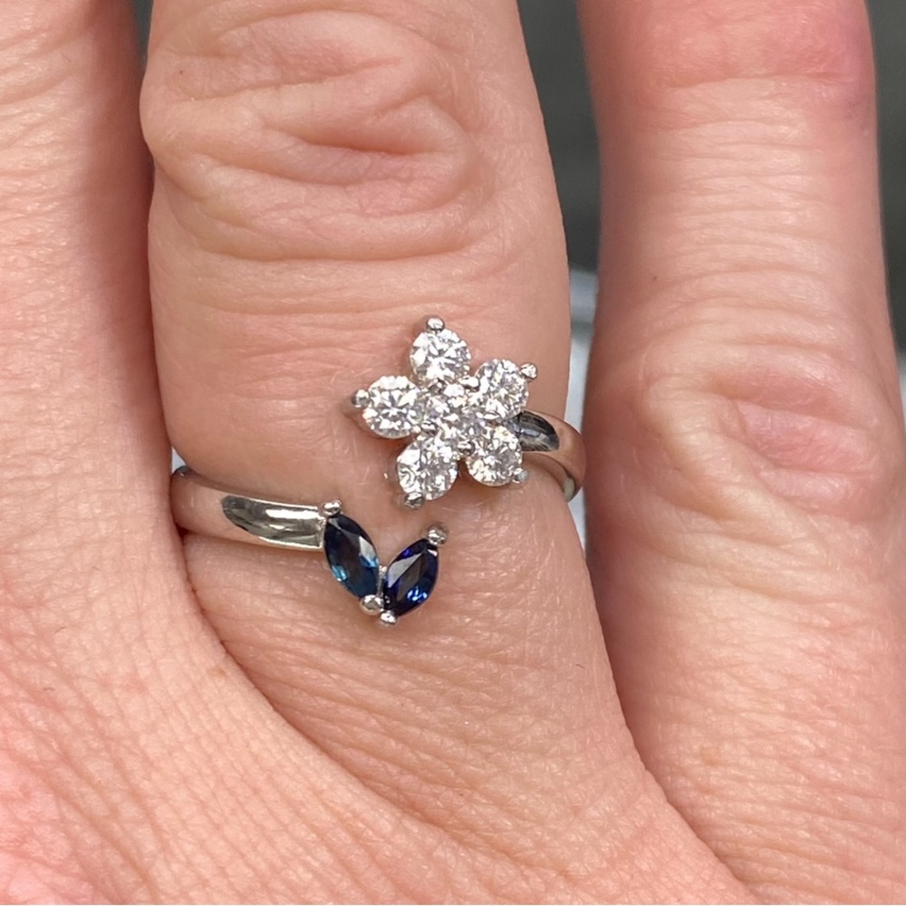 925 Sterling Silver Blue Sapphire Diamond Moissanite Flower Open Ring